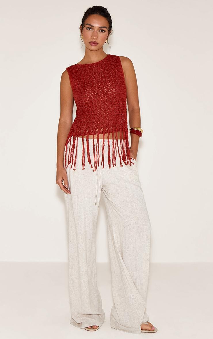 Rust Crochet Boat Neck Fringe Top Product Image