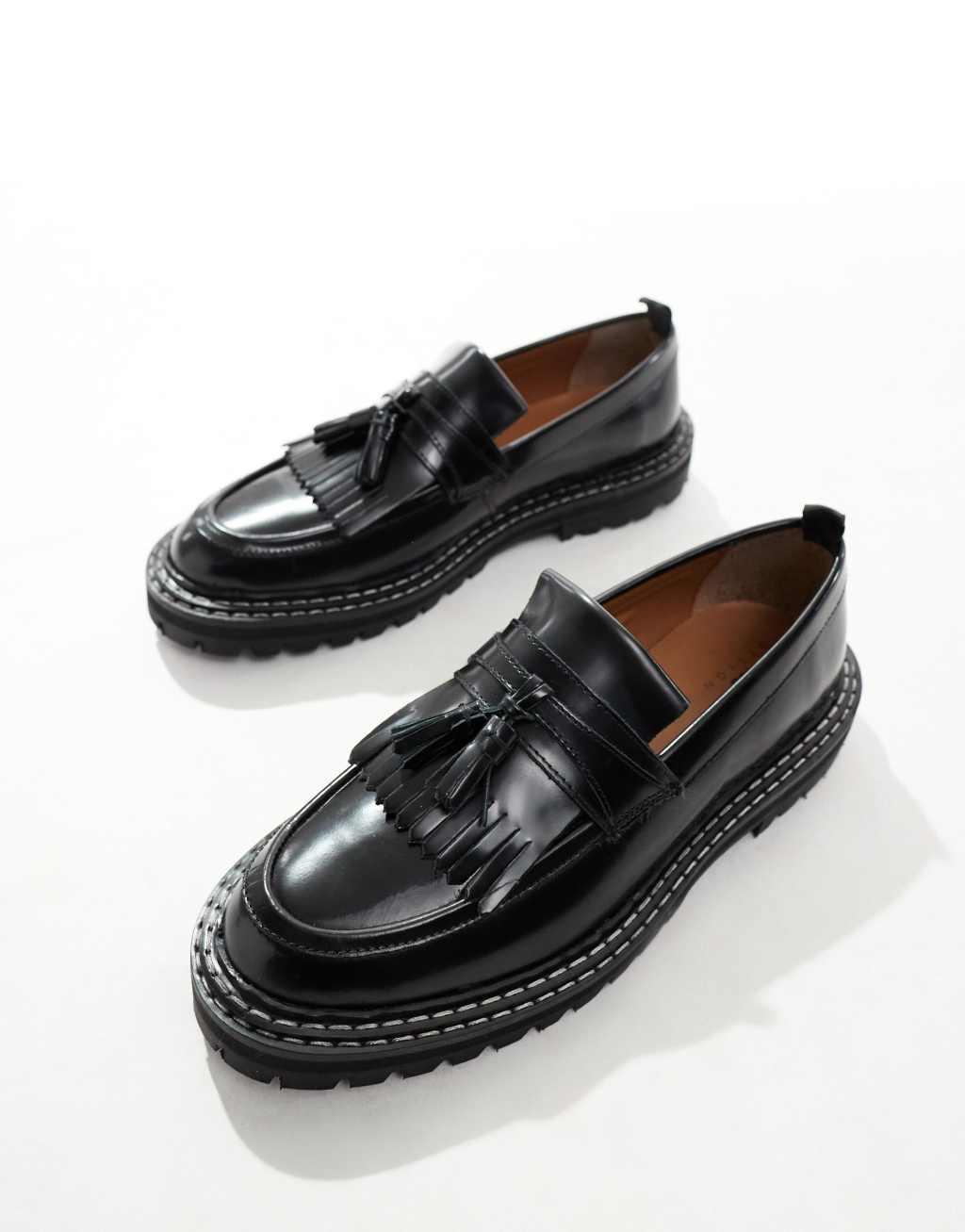 ASOS DESIGN loafers in black leather with contrast stitch Product Image