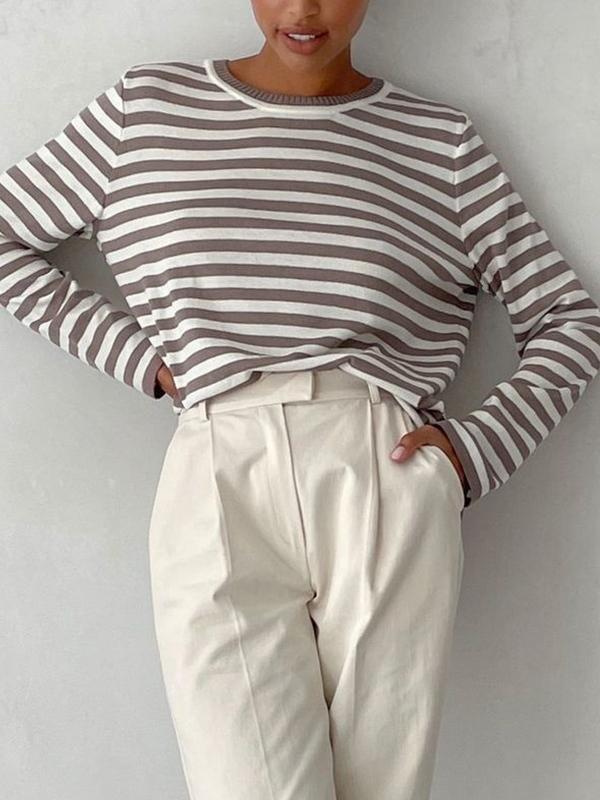 Striped Crew Neck Knit Sweater Product Image