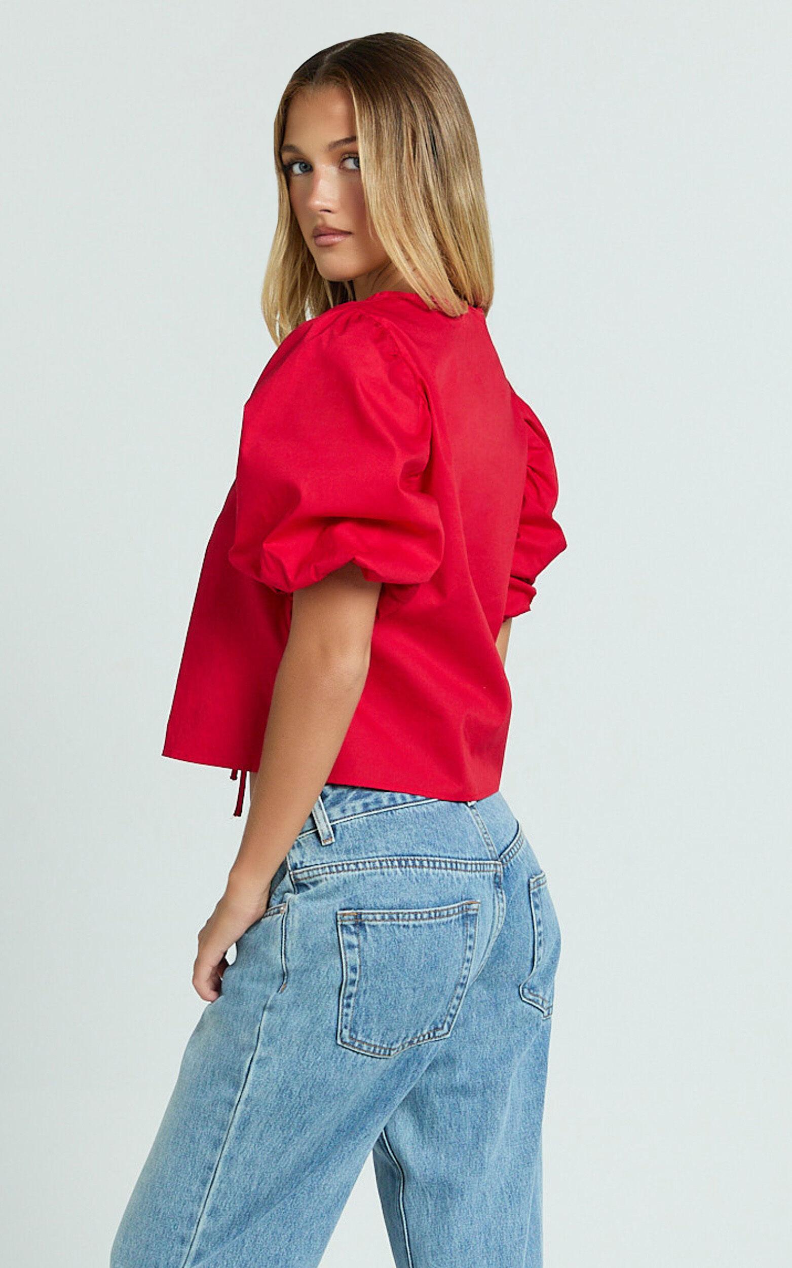 Dana Top - Bow Tie Front Puff Sleeve Blouse in Red Product Image