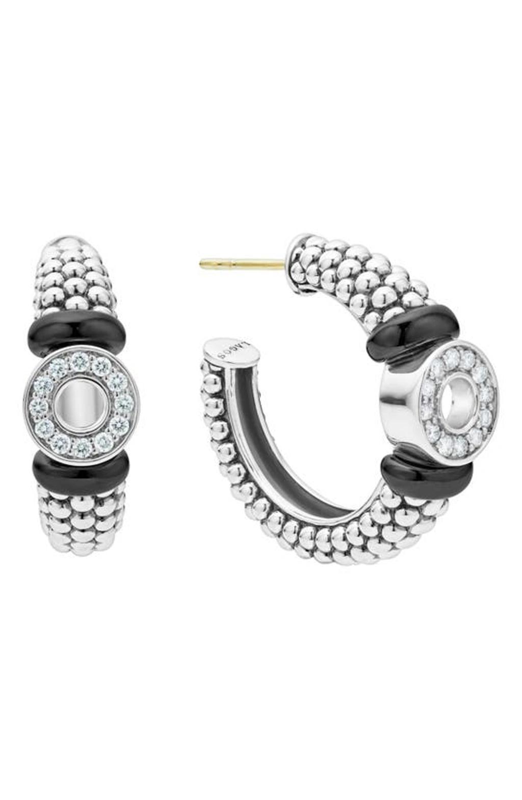 LAGOS Diamond Hoop Earrings With Smooth 18k Gold And Classic Sterling Silver Caviar Beading Product Image