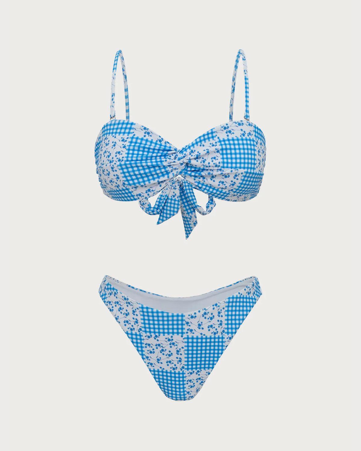 Blue Knitted Plaid Floral Print Twist Bikini Set Product Image