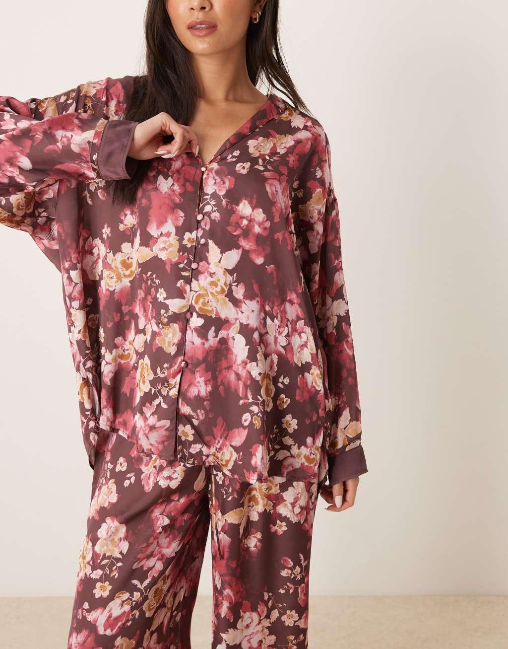 Free People Dreamy Days floral print satin pajama set in wine Product Image