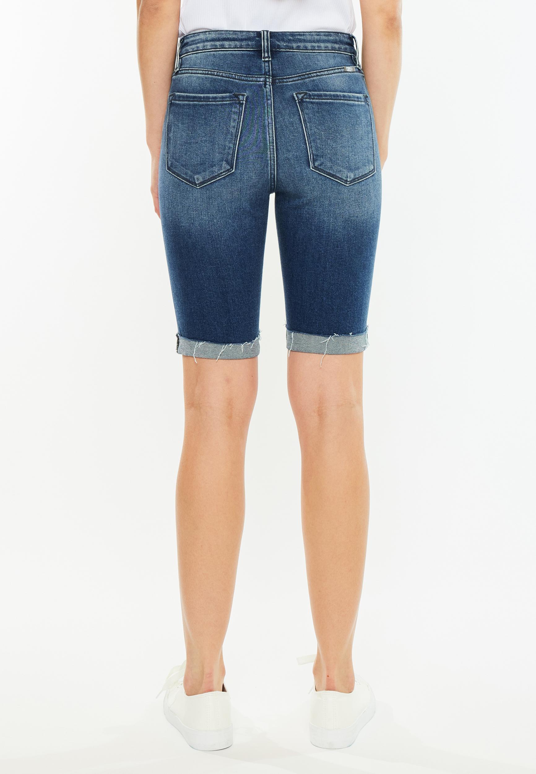 Kancan Kancan Womens High Rise Dark Wash Ripped Cuff Hem 10In Bermuda Jeans Shorts Blue Size 24 - Maurices Product Image