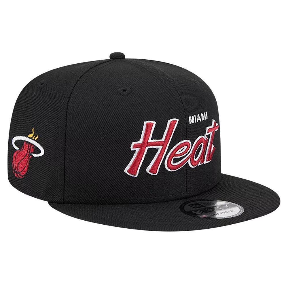 Men's New Era Black Miami Heat Evergreen Script Side Patch 9FIFTY Snapback Hat Product Image