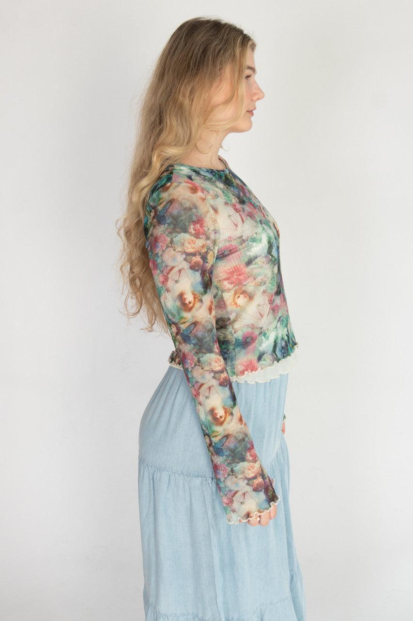 Long Sleeve Double Layer Printed Mesh Top Product Image