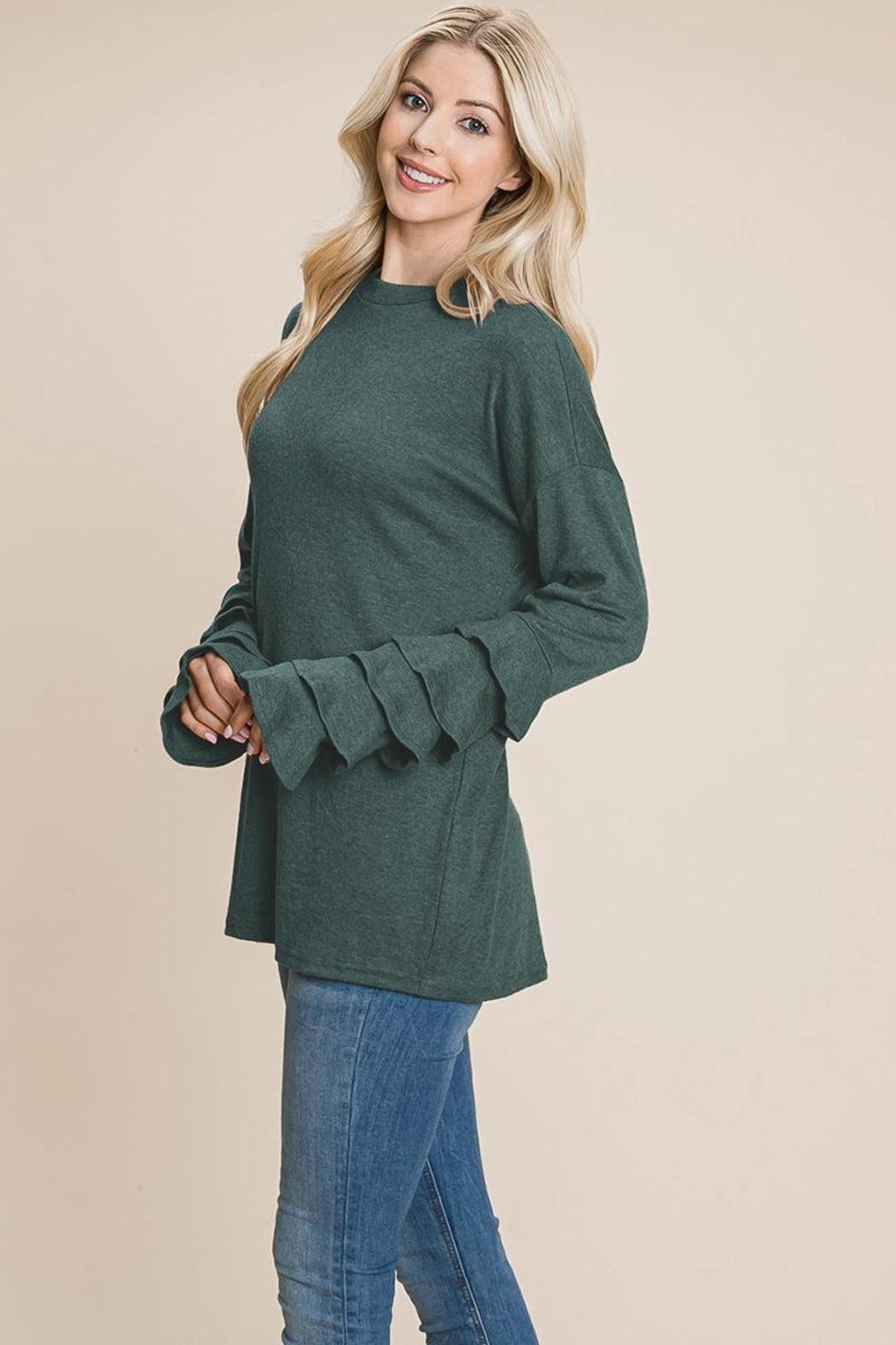 Long Sleeve Ruffle Layered Shirred Sweaters Shirts Product Image