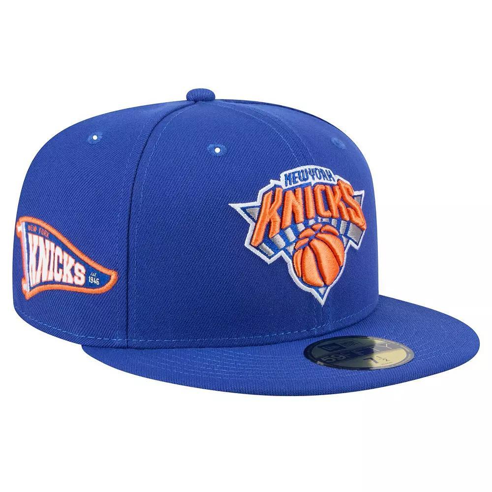 Men's New Era Blue New York Knicks Throwback Pennant 59FIFTY Fitted Hat, Size: 7 1/8 Product Image