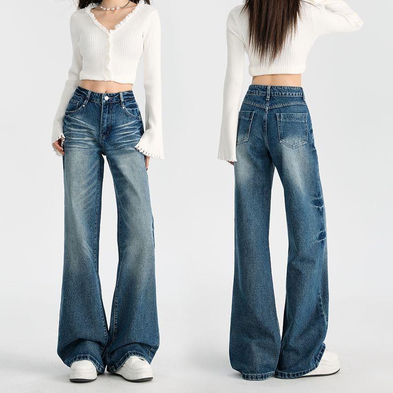 High Waist Washed Wide Leg Jeans (Various Designs) Product Image