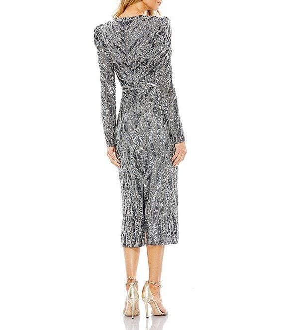 Mac Duggal Long Puffed Sleeve Surplice V-Neck Sequin Embellished Sheath Midi Dress Product Image