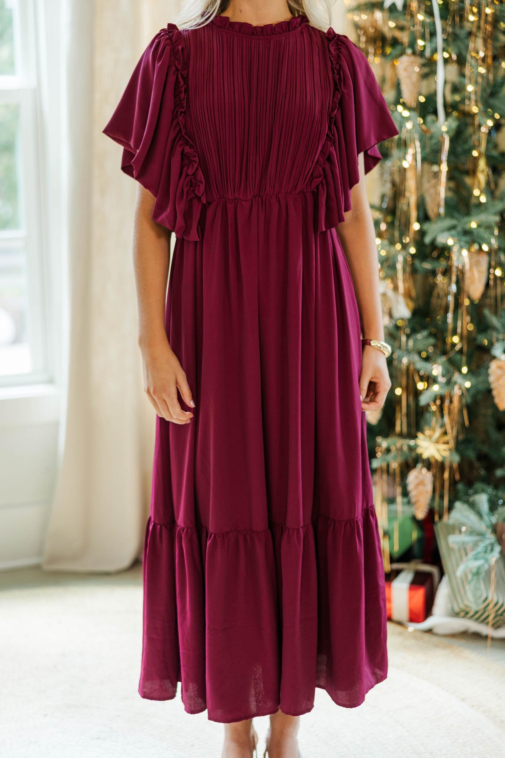 All The Good Burgundy Red Ruffled Midi Dress Female Product Image