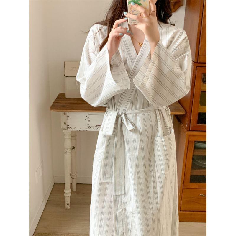 Couple Matching V-Neck Striped Tie Waist Pajama Robe Product Image