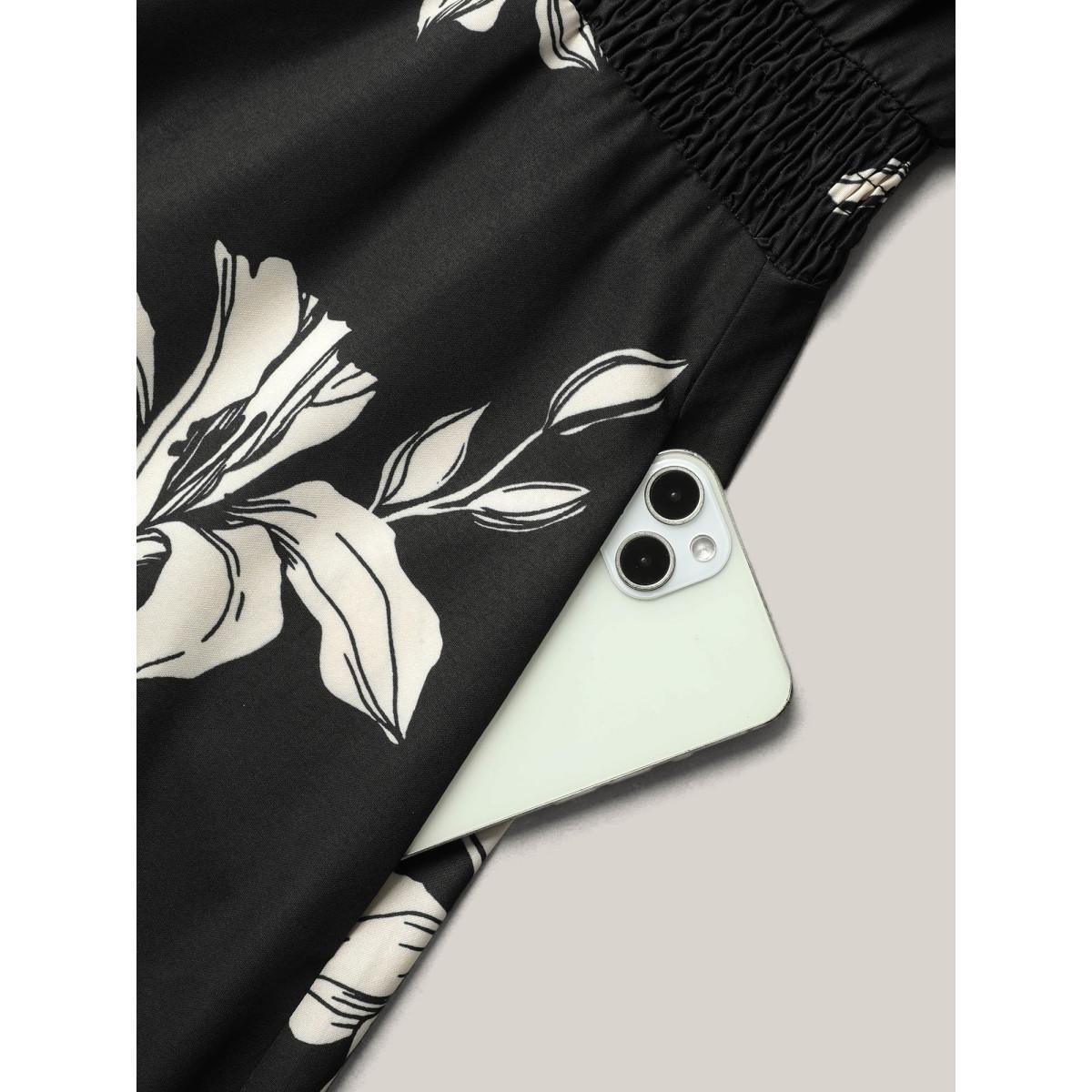 Plus Size Silhouette Floral Print Shirred Waist Midi Dress BlackFlower Women Elegant Shirred Overlap Collar Short sleeve Curvy BloomChic 12/L Product Image