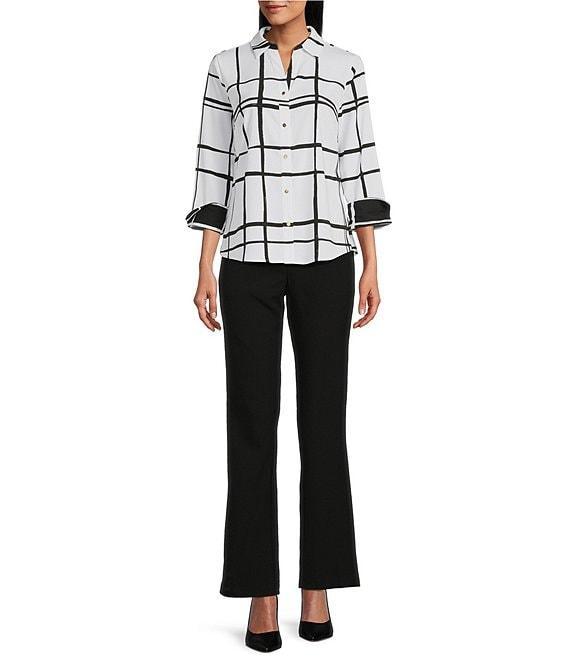 Investments Woven Blocked Plaid 3/4 Sleeve Point Collar Button Front Split Cuff Top Product Image