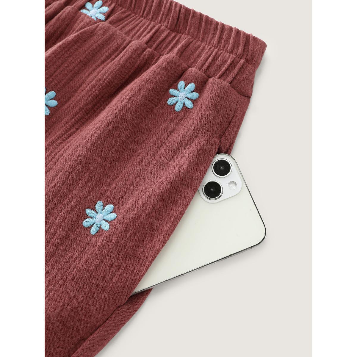 Plus Size Supersoft Floral Embroidered Pants Women Rust Playful Jogger Mid Rise Casual Pants BloomChic 26/4X Product Image