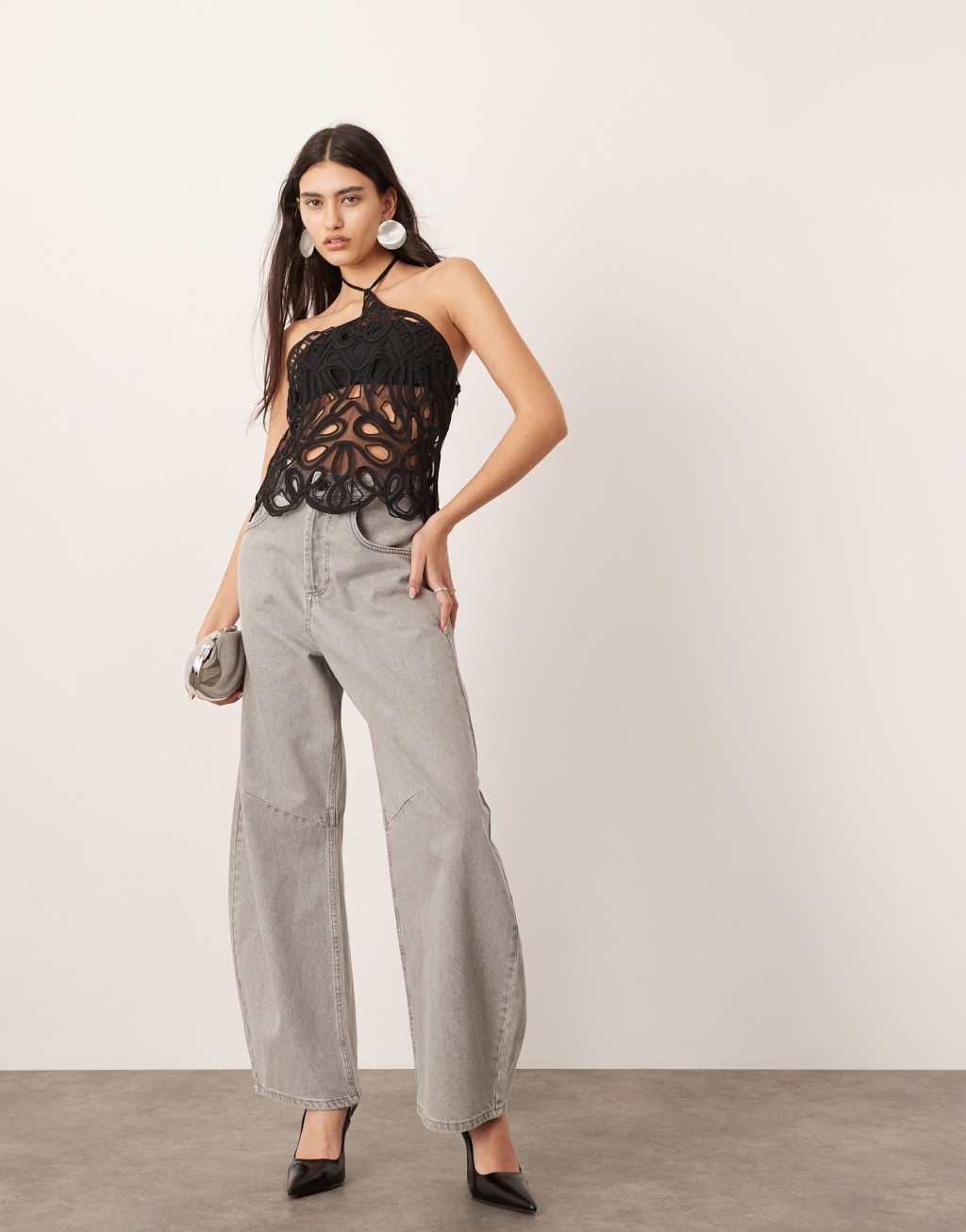 ASOS EDITION embroidered halterneck top with cut work in black Product Image