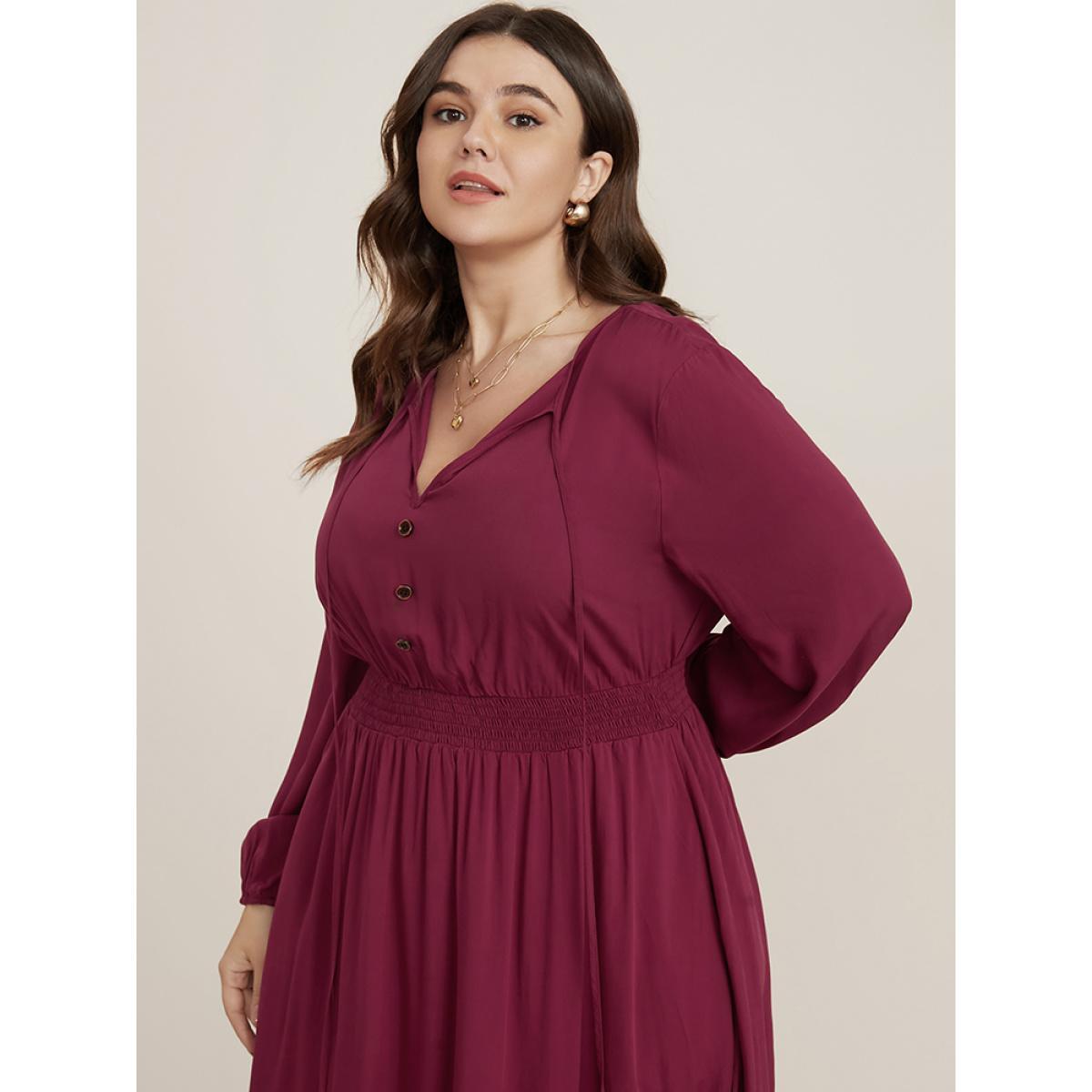 Plus Size Solid Pocket Button Detail Tie Neck Shirred Ruffles Dress Burgundy Women Elegant Pocket V-neck Long Sleeve Curvy Midi Dress BloomChic 14-16/1X Product Image
