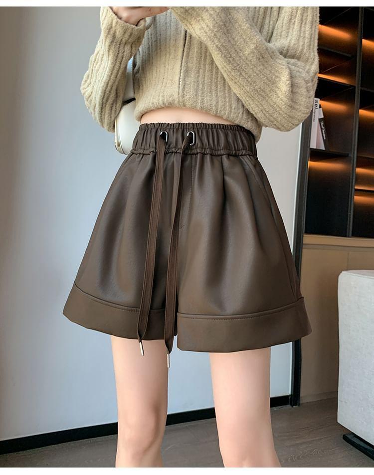 Drawstring Waist Plain Faux Leather Shorts Product Image