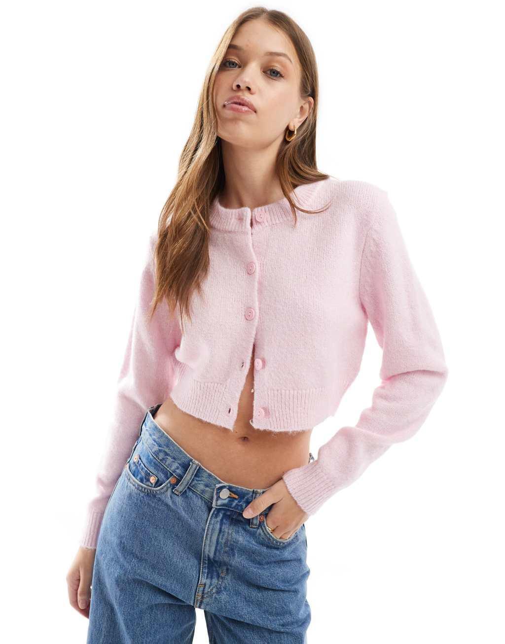 Cotton On lounge soft cropped knit cardigan in light pink Product Image