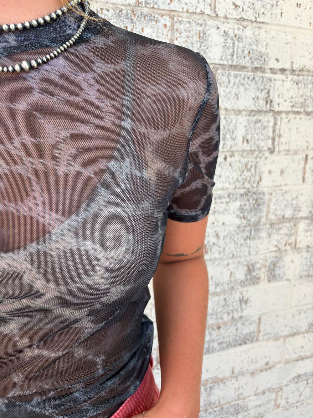 L&B Grey Leopard Short Sleeve Mesh Top Product Image