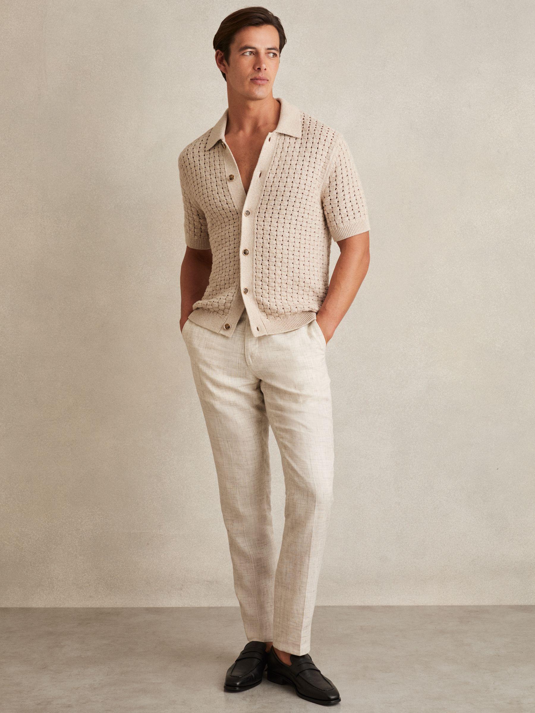 Basketweave Knit Button Through Cotton Blend Shirt in Stone Product Image