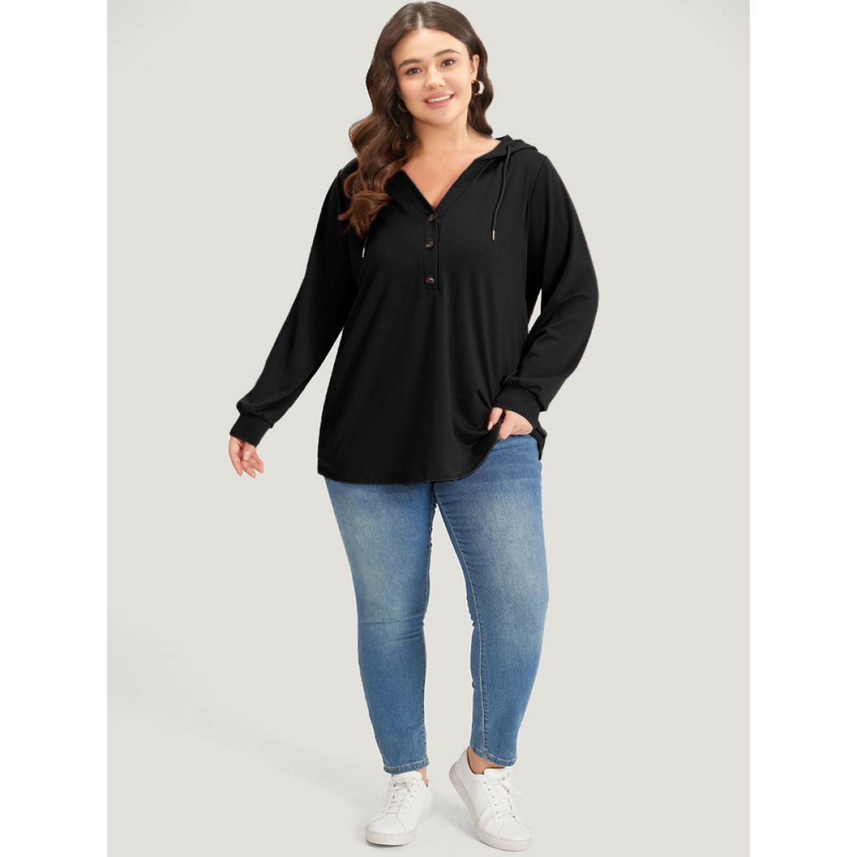 Plus Size Plain Button Up Drawstring Hooded Sweatshirt Women Black Casual Elastic cuffs Hooded Dailywear Sweatshirts BloomChic 22-24/3X Product Image