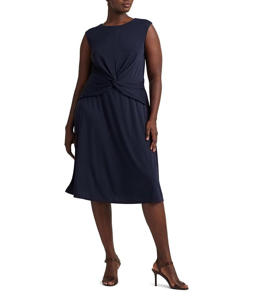 Lauren Ralph Lauren Plus Size Sleeveless Crew Neck Twist Front Midi Sheath Dress Product Image