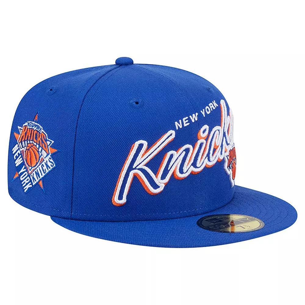 Men's New Era Blue New York Knicks Sport Night Script Sided 59FIFTY Fitted Hat, Size: 7 1/4 Product Image
