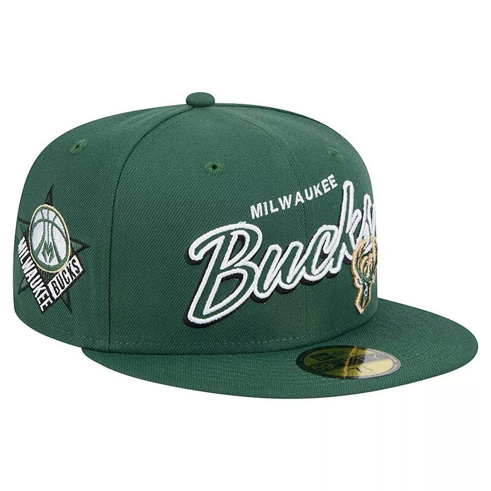 Men's New Era Hunter Green Milwaukee Bucks Sport Night Script Sided 59FIFTY Fitted Hat,  Product Image