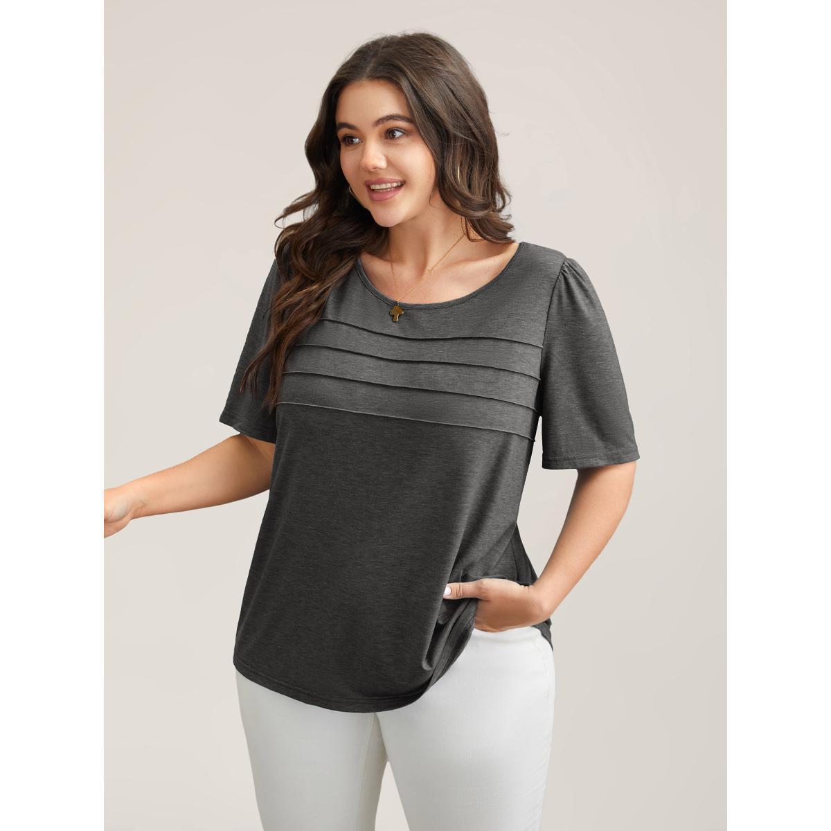 Plus Size Seamed Round Neck Fitted T-Shirt DarkGray Women Leisure Tucked seam Round Neck Casual T-shirts BloomChic 26/4X Product Image