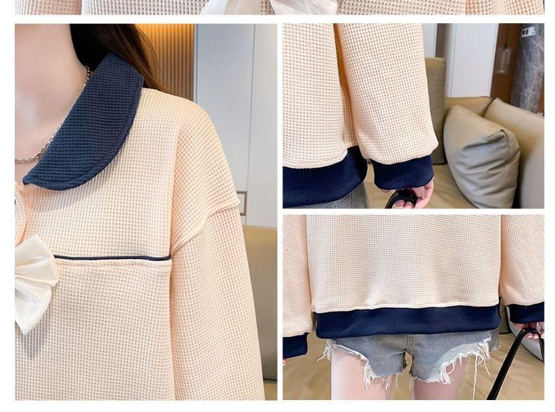 Collared Bow Accent Contrast Trim Waffle Sweatshirt Product Image