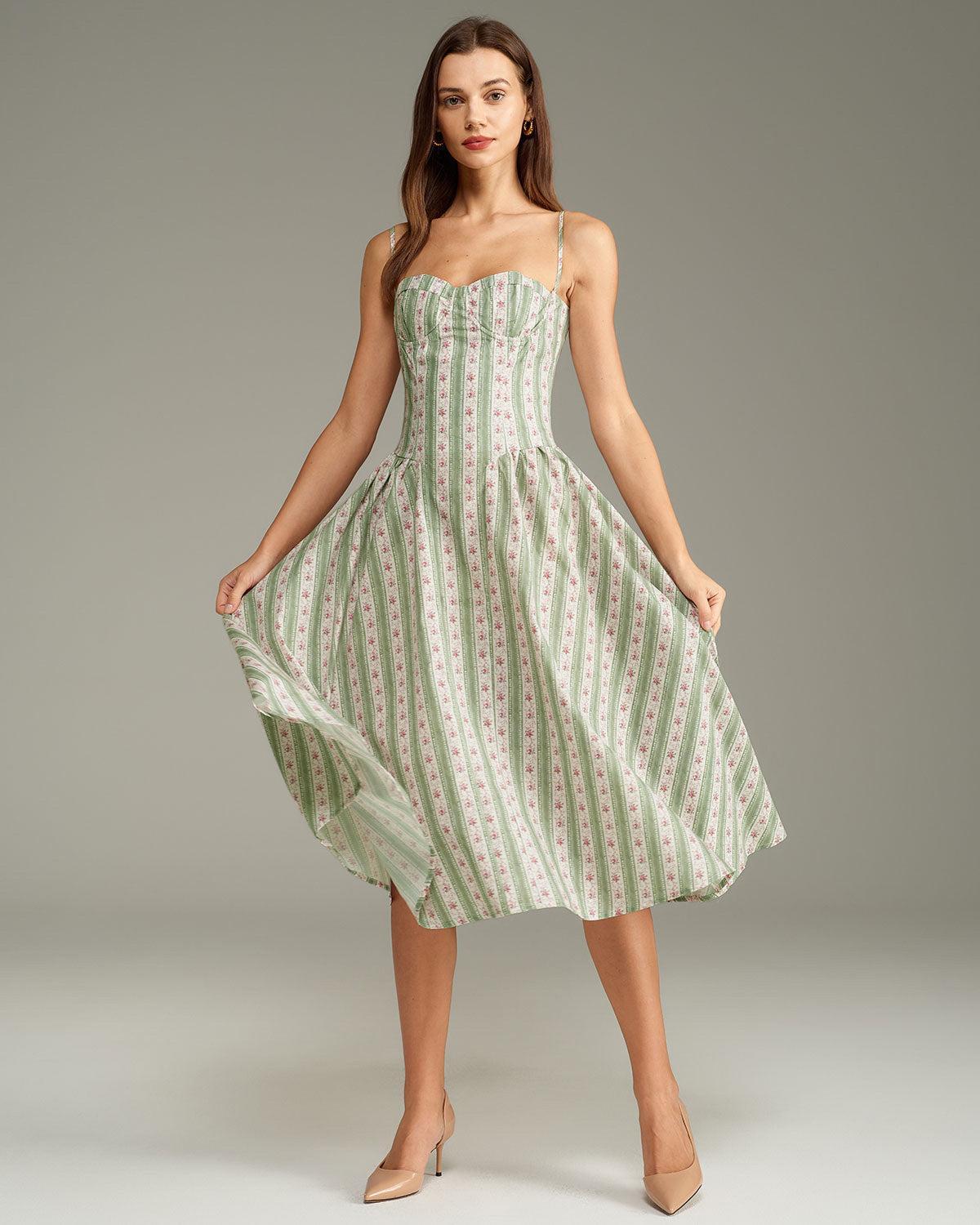 Green Striped Slip Midi Dress Product Image