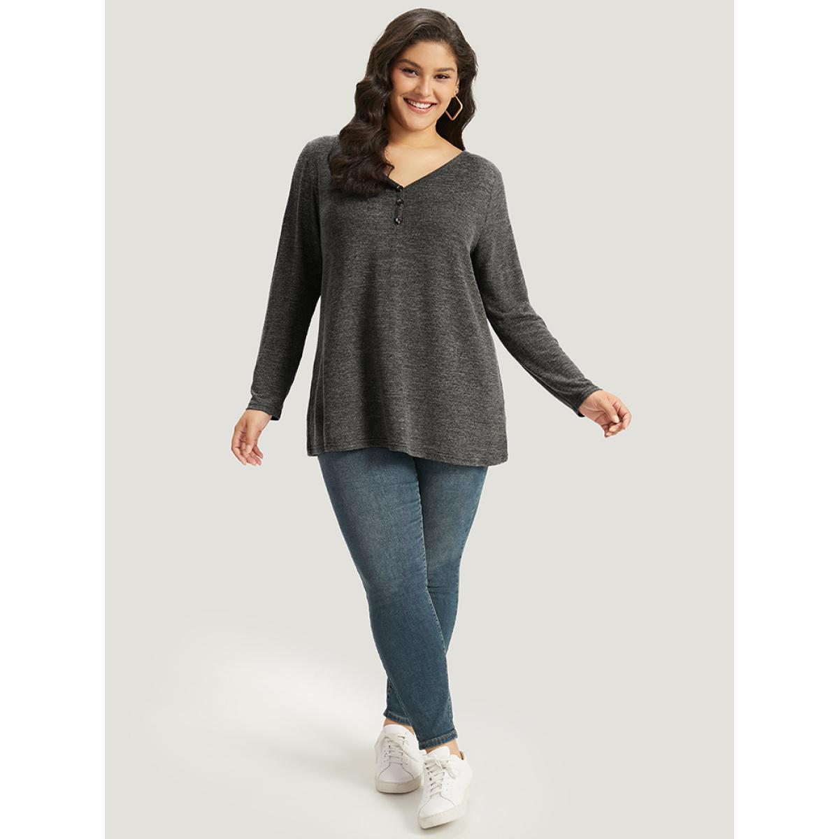 Plus Size Heather Button Up Long Sleeve T-shirt Black Women Casual Heather Plain V-neck Everyday T-shirts BloomChic 28/5X Product Image