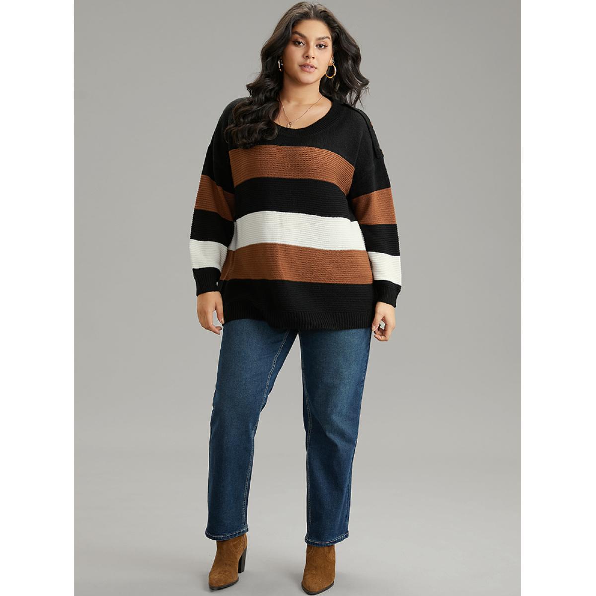 Plus Size Colorblock Contrast Button Detail Crew Neck Pullover Black Women Casual Loose Long Sleeve Round Neck Everyday Pullovers BloomChic 18-20/2X Product Image