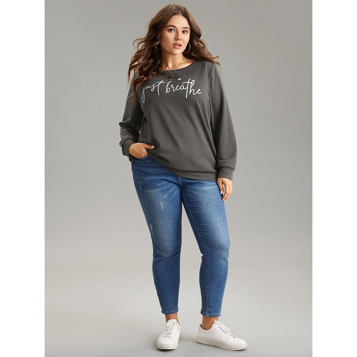 Plus Size Slogan Print Round Neck Knit Sweatshirt Women DimGray Casual Printed Dailywear Sweatshirts BloomChic 10/M Product Image