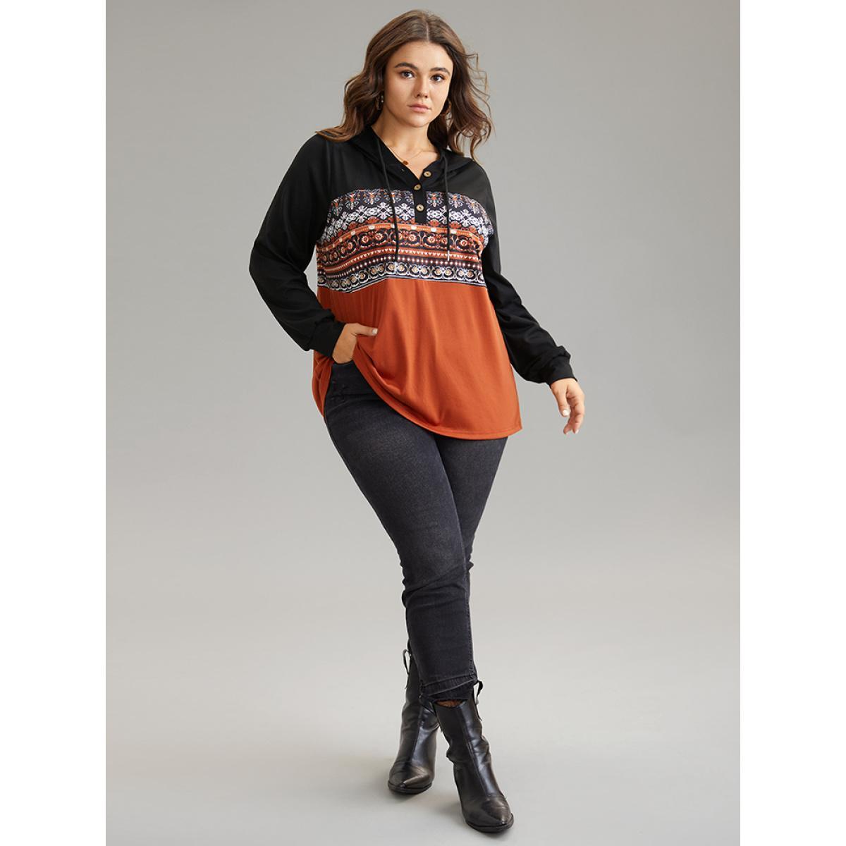 Plus Size Contrast Bandana Button Up Hooded T-shirt Multicolor Women Casual Contrast Bohemian Print Hooded Dailywear T-shirts BloomChic 10/M Product Image