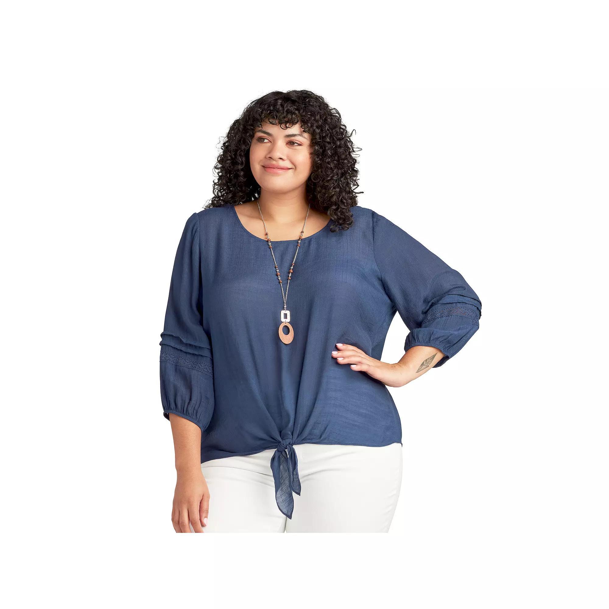 Plus Size AB Studio Tie Front Top With Necklace, Women's, Size: 2XL, Blue Product Image