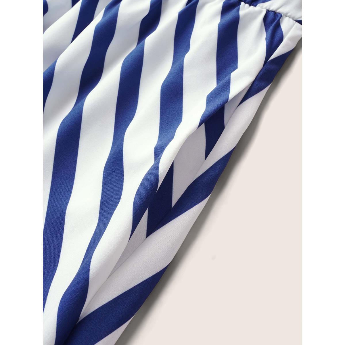 Plus Size Striped Elastic Waist Ruffle Cap Sleeve Dress DarkBlue Women Casual Ruffles V-neck Cap Sleeve Curvy BloomChic 14-16/1X Product Image