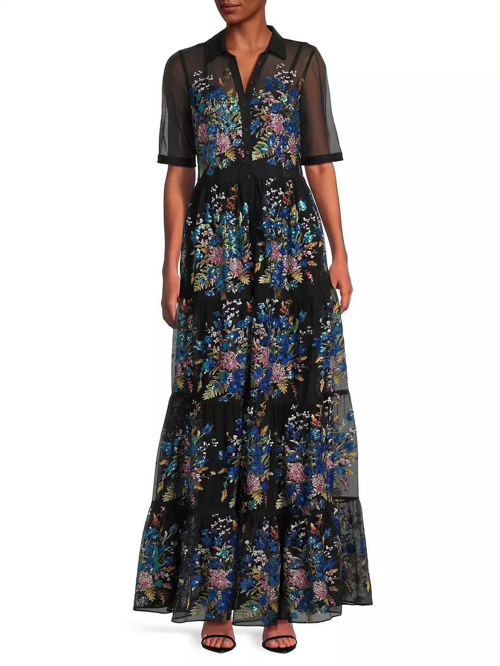 Emmeline Embellished Silk Tiered Maxi Shirtdress Product Image