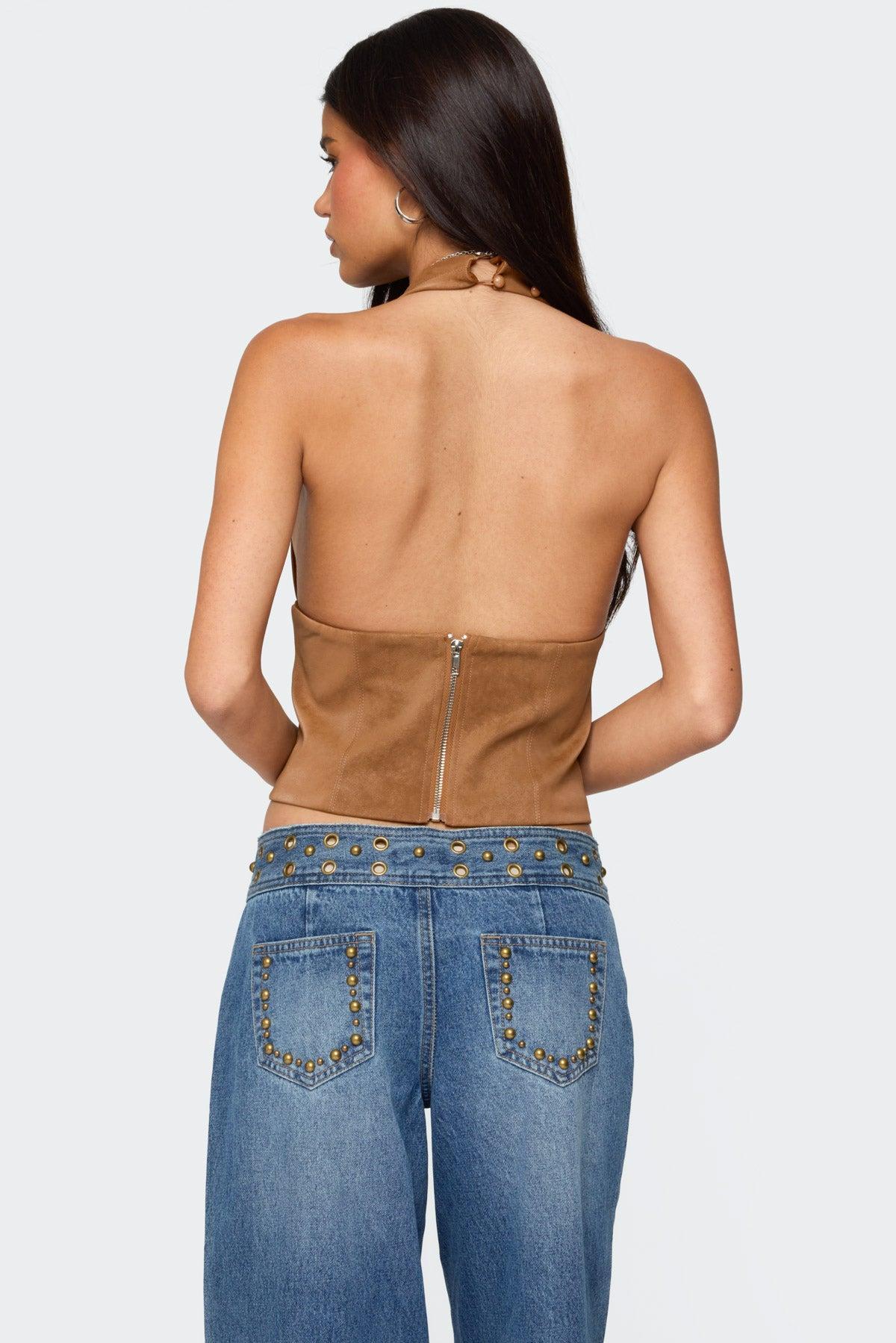 Xaria Studded Faux Suede Halter Top Product Image