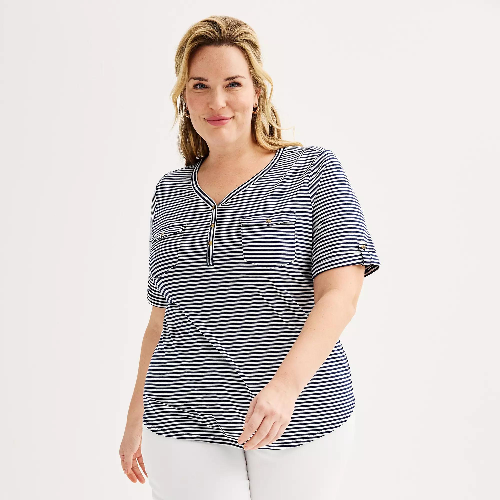 Plus Croft & Barrow Elbow Sleeve Utility Henley Top, Womens Blue Stripe Product Image