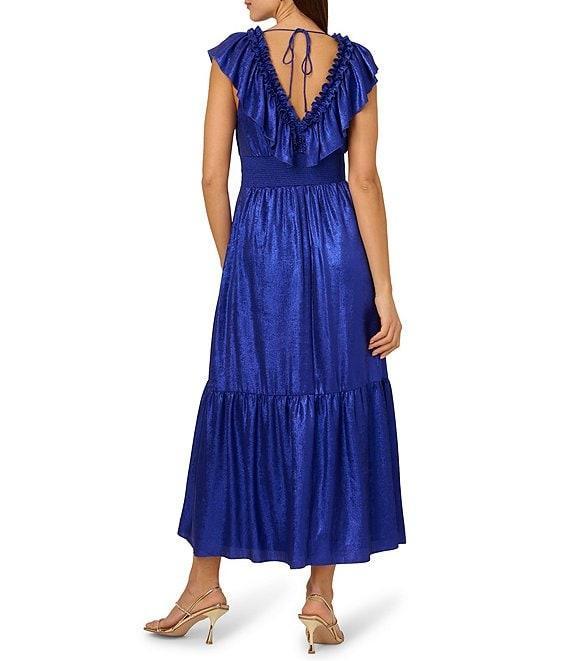 Adrianna by Adrianna Papell Foiled Chiffon V-Neck Cap Sleeve Ruffle A-Line Midi Dress Product Image