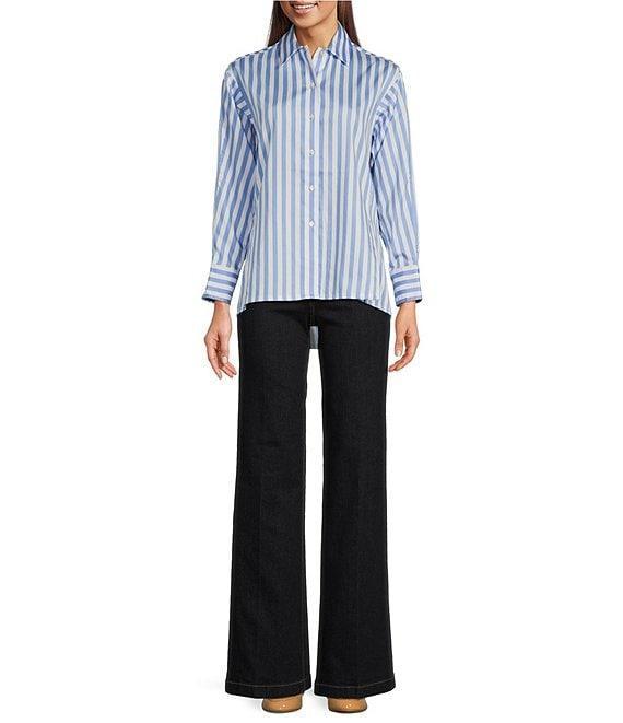 J.McLaughlin Alexis Cotton Sateen Stripe Print Point Collar Long Sleeve Button Front Blouse Product Image