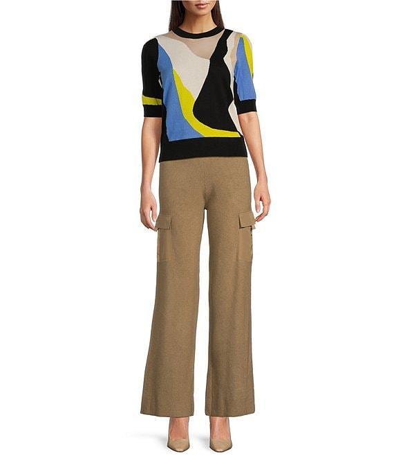 Donna Karan Knit Color Block Crew Neck Elbow Puff Sleeve Top Product Image