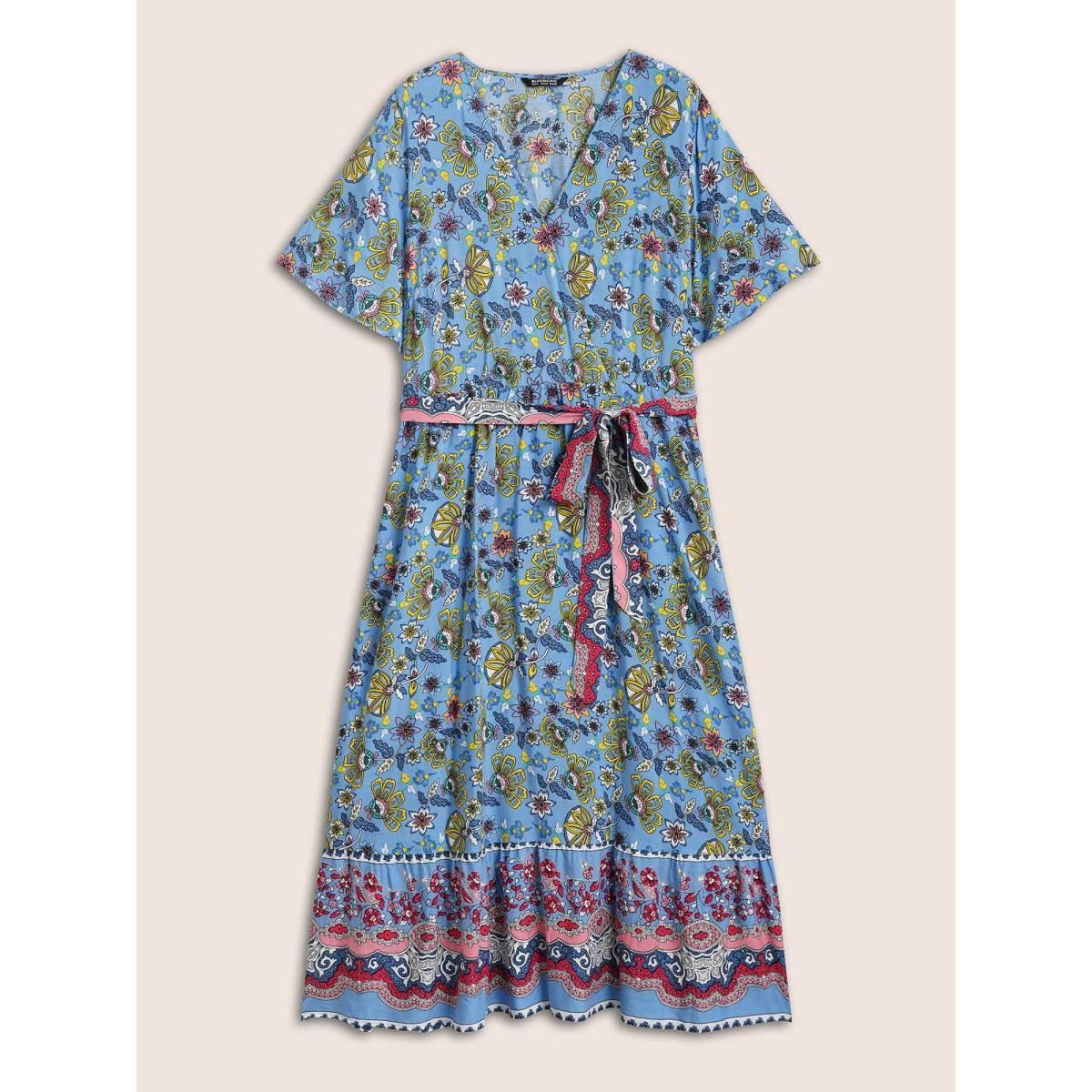 Plus Size Rayon Boho Print Overlap Collar Dress Mediumblue Women Resort Belted Overlap Collar Short sleeve Curvy BloomChic 18-20/2X Product Image