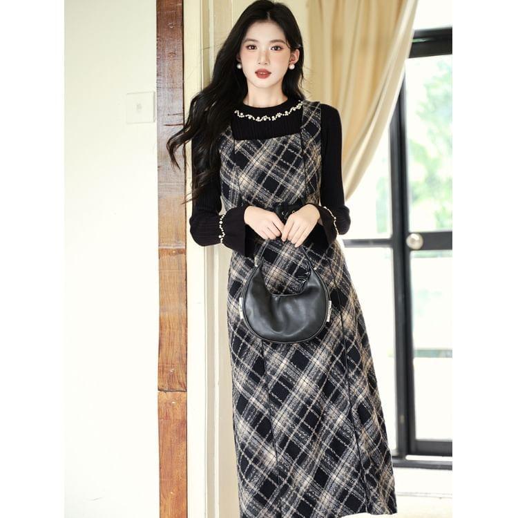 Long-Sleeve Crew Neck Beaded Ribbed Knit Top / Plaid Midi A-Line Overall Dress / Set Product Image