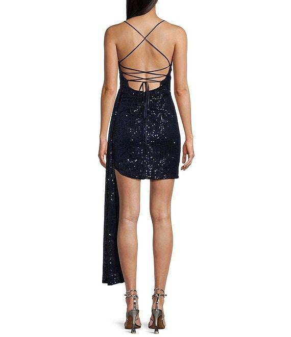 B. Darlin Spaghetti Strap Surplus Side Bow Sequin Lace-Up Back Dress Product Image