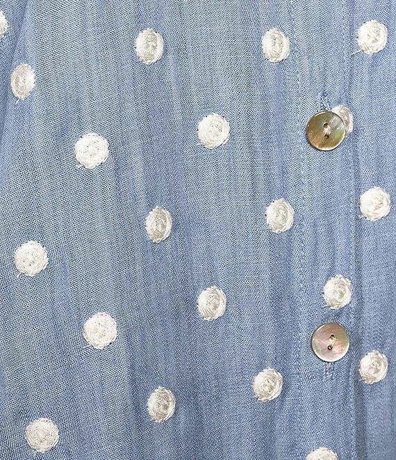 John Mark Petite Size Woven Embroidery Dot Wire Collar 3/4 Ruched Cinched Tie Sleeve Button Front Blouse Product Image