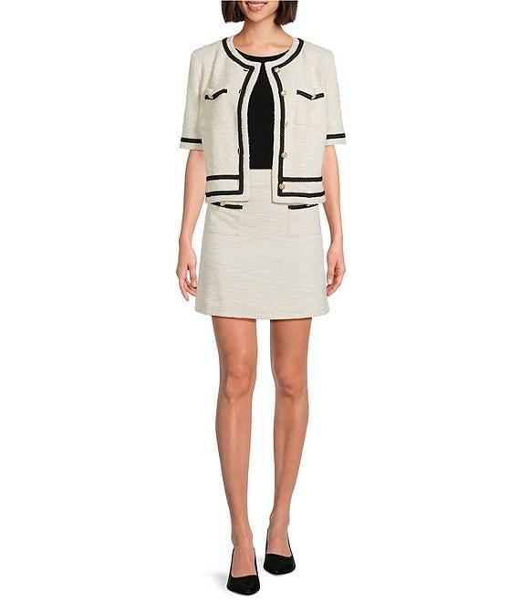 Preston & York Coordinating Brigid Knit Tweed Button Front Double Pocket Short Sleeve Jacket Product Image