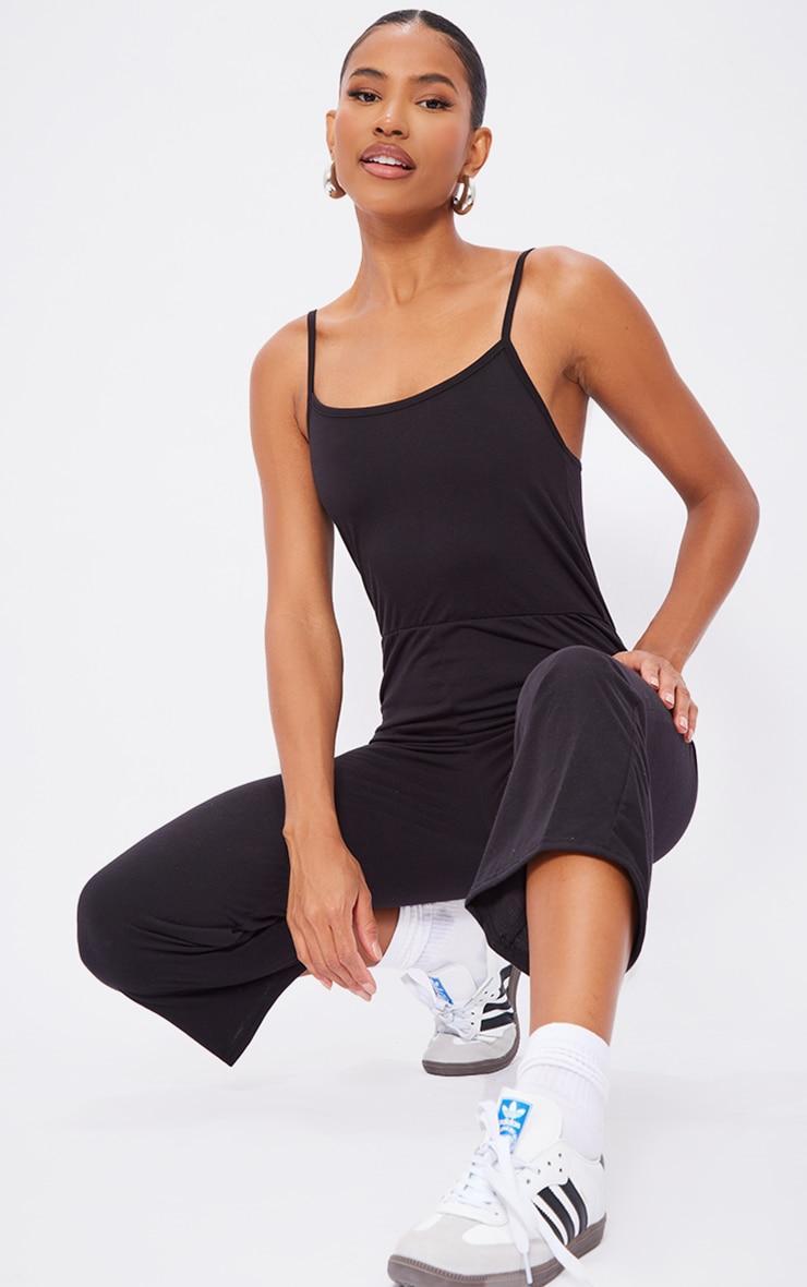 Black Strappy Jersey Culotte Jumpsuit Product Image